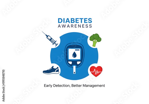 Diabetes management icons with glucometer and healthy lifestyle symbols blue png on transparent background