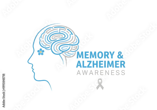 Alzheimer awareness profile with maze brain and flower blue and grey png on transparent background