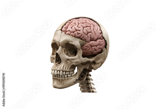 Human skull with visible brain pink and beige png on transparent background