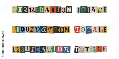 Texte liquidation totale style collage vintage avec lettres de magazines pour déstockage