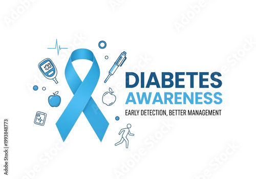 Diabetes awareness ribbon with glucometer and insulin pen blue png on transparent background