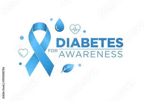 Diabetes awareness blue ribbon and medical icons png on transparent background
