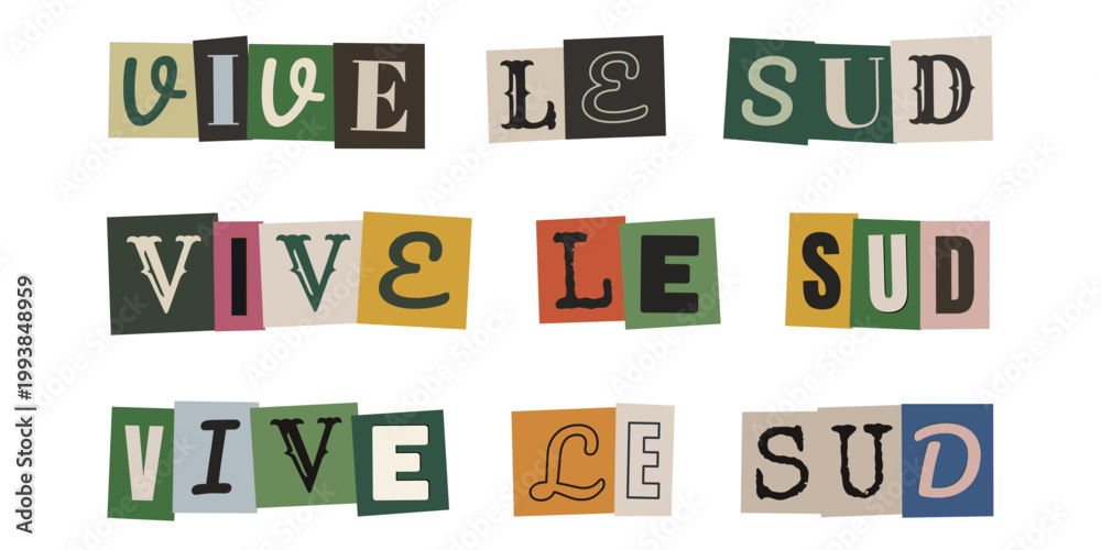 Naklejka premium Message vive le sud en lettres decoupees style collage vintage retro