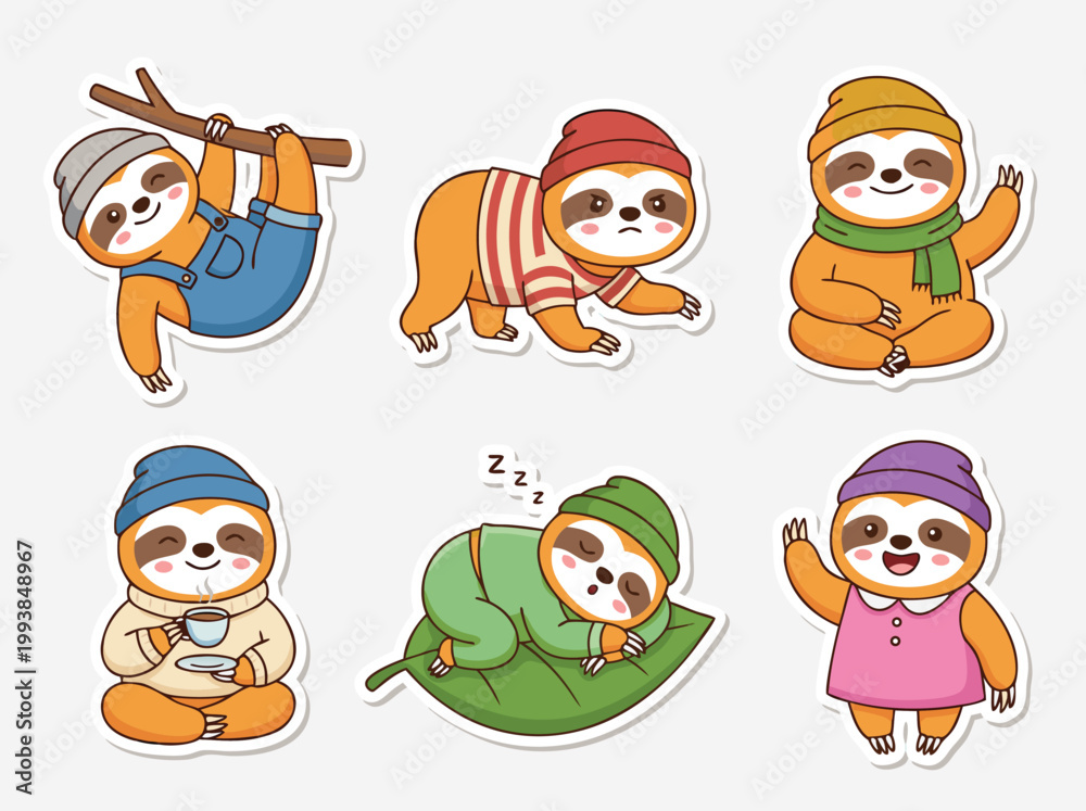 Fototapeta premium Cute Cartoon Sloth Characters in Various Poses and Outfits.
