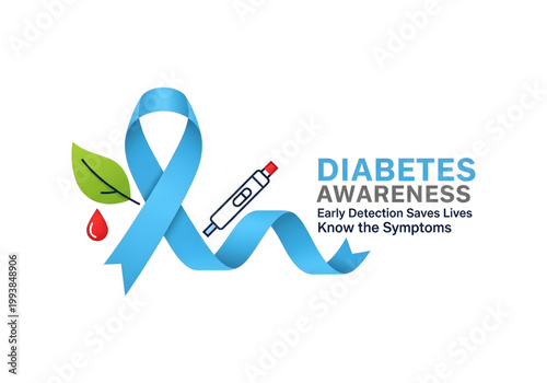Blue diabetes awareness ribbon with blood drop and glucose test meter png on transparent background
