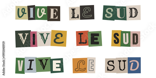 Message vive le sud en lettres decoupees style collage vintage retro