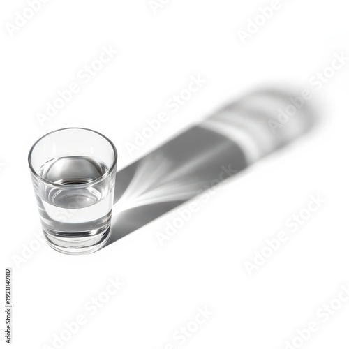 Glass of Clear Liquid Casting Long Shadow, Isolated on White Background, Minimalist Studio Shot