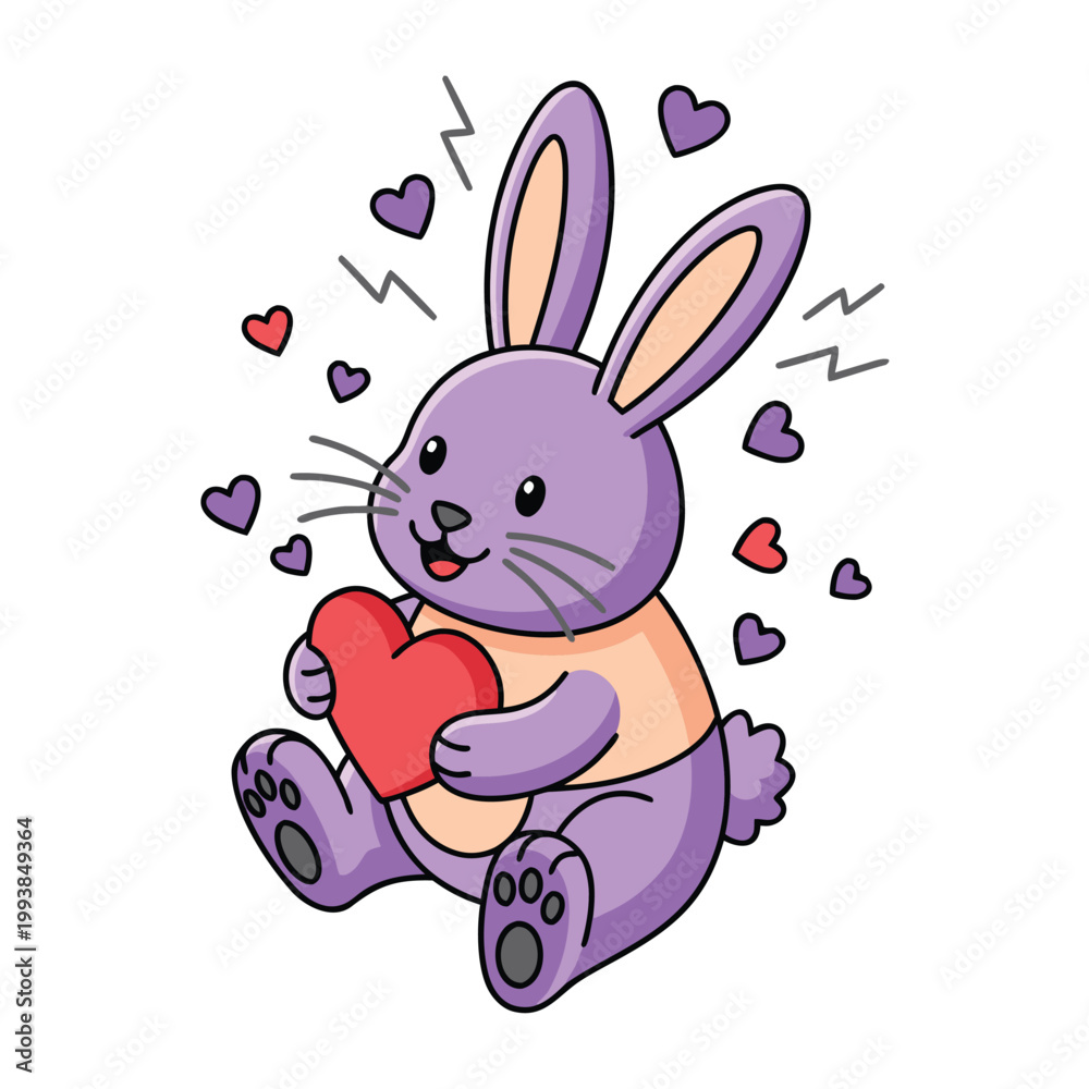Obraz premium Cute purple rabbit holding a red heart illustration.