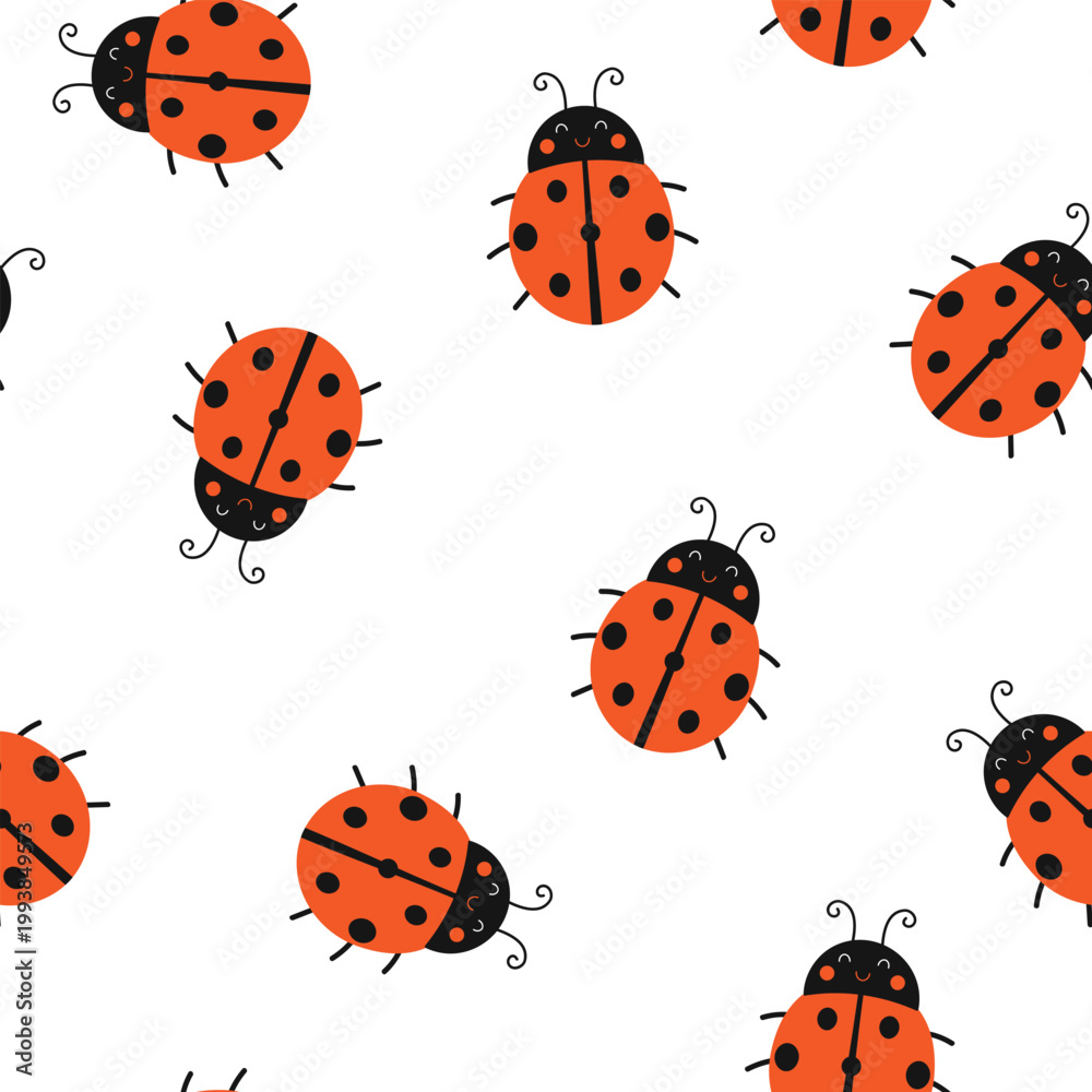 Fototapeta premium Cute seamless pattern with adorable ladybugs. Vector illustration on white background. It can be used for wallpapers, wrapping, cards, patterns for clothes and other.