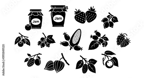 Solid Black Berry Fruit Icon Set Strawberry Blueberry Organic Vector Illustration