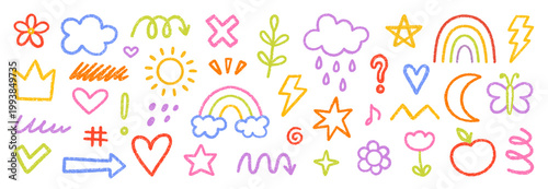 Foto Crayon cute kids elements, chalk daycare and children drawings