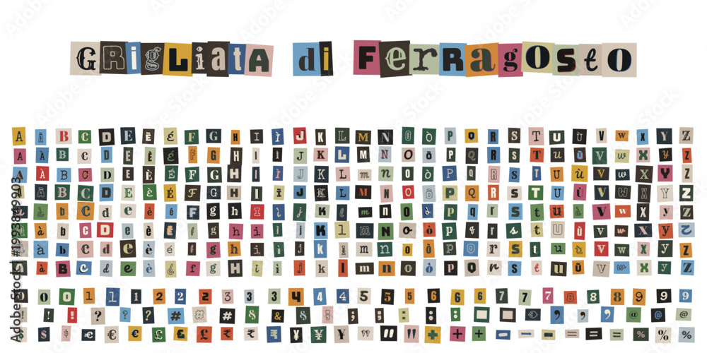Naklejka premium Lettere ritagliate stile riscatto per invito grigliata di ferragosto e set caratteri
