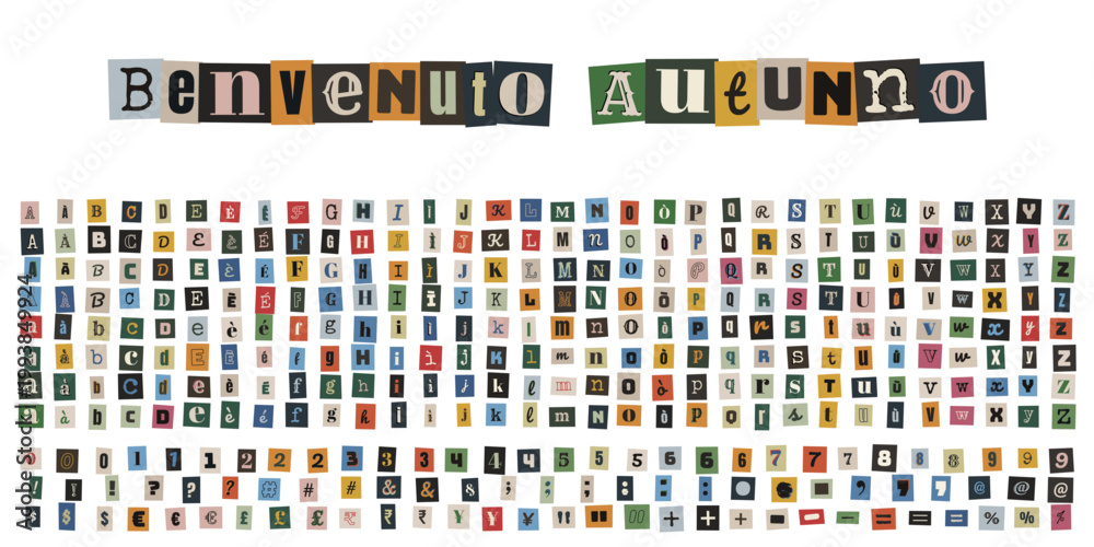 Fototapeta premium Lettere ritagliate stile giornale per scrapbooking benvenuto autunno alfabeto completo e numeri