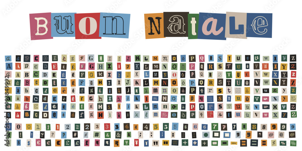 Fototapeta premium Alfabeto ritagliato stile lettera anonima per auguri di Buon Natale creativi e originali