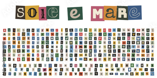 Alfabeto ritagliato stile lettera anonima per collage creativo e design vintage