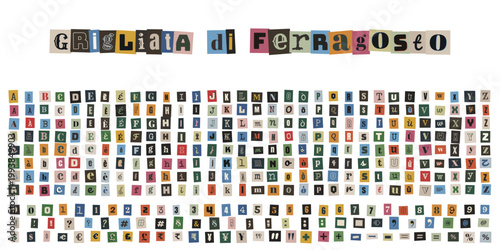 Lettere ritagliate stile riscatto per invito grigliata di ferragosto e set caratteri