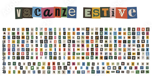Alfabeto ritagliato stile lettera anonima per vacanze estive e collage creativo
