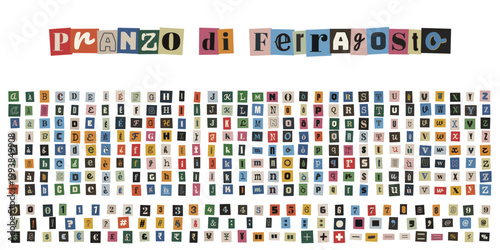 Lettere ritagliate da giornali per collage stile riscatto anonimo o scrapbooking creativo