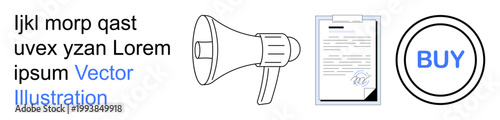 Marketing, e-commerce, communication, advertisement, online shopping, strategy. Megaphone, contract document and buy button graphic. Marketing and e-commerce