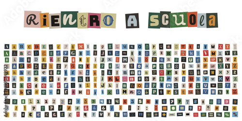 Alfabeto ritagliato stile riscatto per rientro a scuola e collage creativo