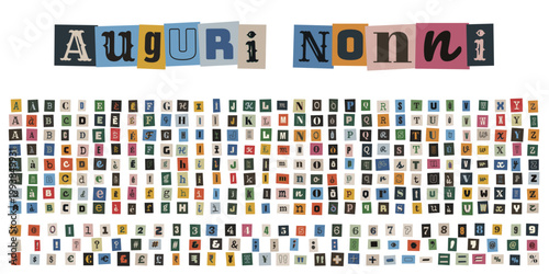 Lettere ritagliate da giornale per biglietto auguri nonni, stile riscatto anonimo