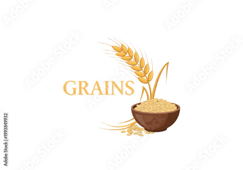 Grains and wheat ears in a ceramic bowl illustration png on transparent background