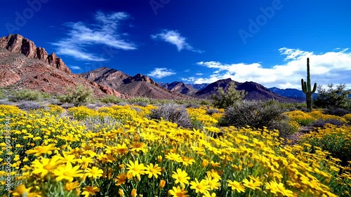 Yellow wildflowers bloom in desert with mountains and saguaro cactus