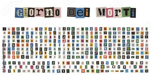 Alfabeto ritagliato stile riscatto per Giorno dei Morti, lettere collage colorate