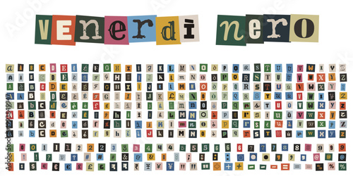 Titolo Venerdì nero con lettere ritagliate stile riscatto e alfabeto completo per marketing