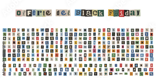Lettere ritagliate stile riscatto per offerte del Black Friday, alfabeto collage vintage