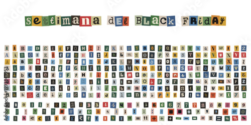 Lettere ritagliate stile riscatto per settimana del black friday e alfabeto completo