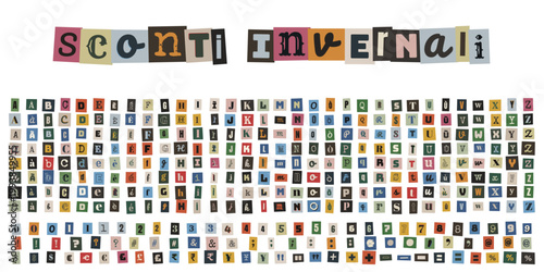 Collezione di lettere e numeri ritagliati da riviste per sconti invernali e promozioni di saldi