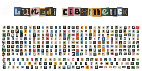 Alfabeto ritagliato stile lettera anonima per Lunedi Cibernetico e promozioni vintage