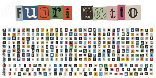 Scritta Fuori Tutto in stile lettera anonima con alfabeto e numeri ritagliati da giornale