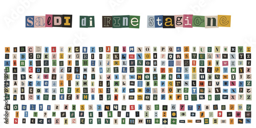 Lettere e numeri ritagliati da giornali per messaggi anonimi e collage creativo