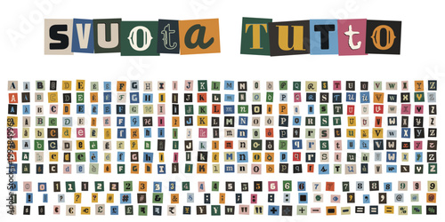 Lettere ritagliate da giornali per riscatto e messaggi anonimi stile collage