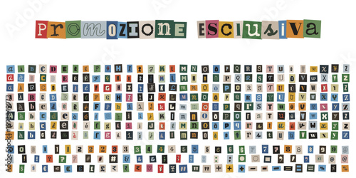 Alfabeto stile collage con scritta promozione esclusiva per marketing creativo
