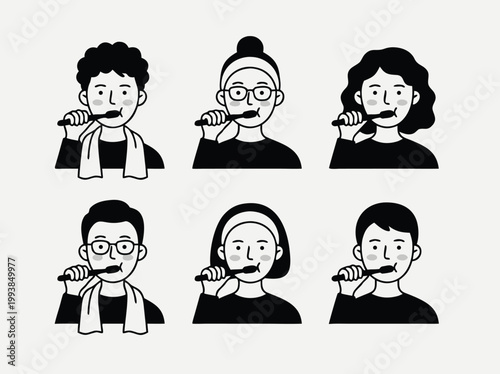 Diverse Group Brushing Teeth in Black and White Illustration.
