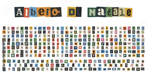 Lettere e numeri stile collage ritagliati per biglietti di auguri Albero di Natale