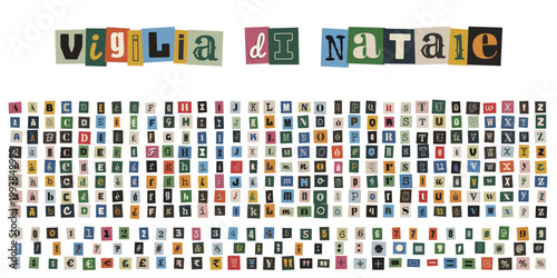 Alfabeto ritagliato stile lettera anonima per biglietti di auguri di Natale