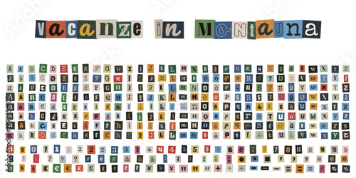 Lettere ritagliate stile collage per diario di viaggio in montagna, alfabeto vintage per scrapbooking