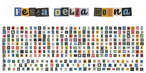 Alfabeto ritagliato stile riscatto per Festa della Donna, lettere collage colorate