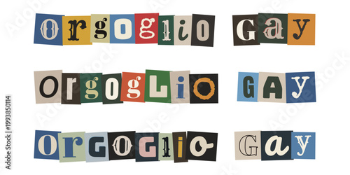 Scritta Orgoglio Gay in stile collage vintage per attivismo LGBTQ e diritti civili