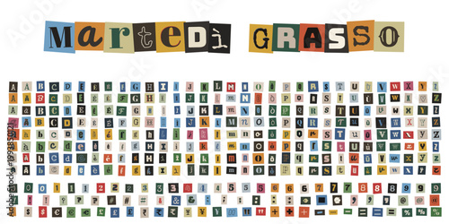 Lettere ritagliate da giornali stile collage per Martedì Grasso e decorazioni di Carnevale fai da te