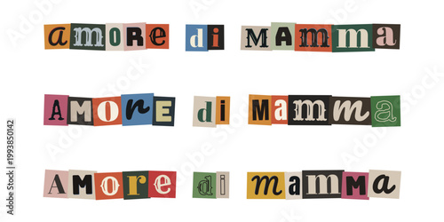 Scritta amore di mamma in stile collage con ritagli di giornale colorati per festa della mamma
