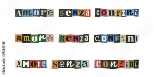Scritta Amore senza confini stile collage ritagli di giornale per solidarietà e inclusione