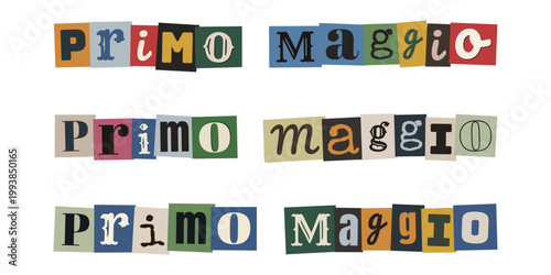 Scritta Primo Maggio in stile collage con lettere ritagliate per festa dei lavoratori e diritti