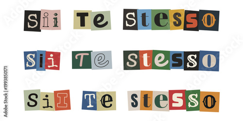 Sii te stesso messaggio motivazionale con lettere ritagliate stile collage per identità e autenticità