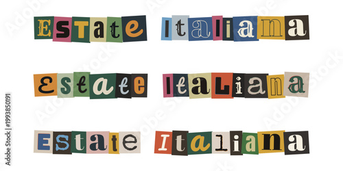 Scritta Estate Italiana in stile collage con lettere ritagliate da giornali vintage per turismo e vacanze