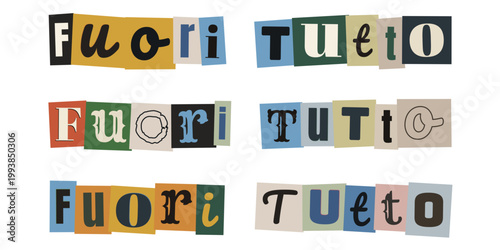 Scritta fuori tutto in stile collage con lettere ritagliate da giornali per saldi e liquidazione totale